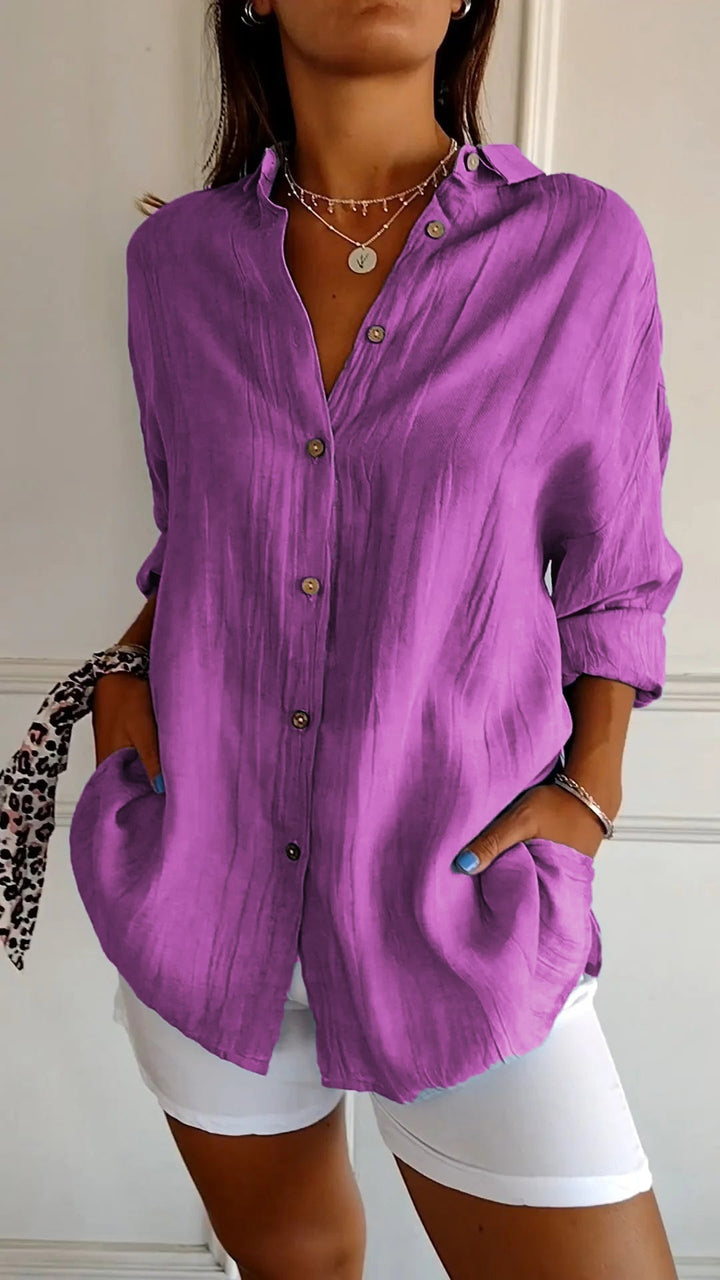 Women's Linen Blend Button Down Shirt Long Sleeve Loose Fit Tunic Blouse