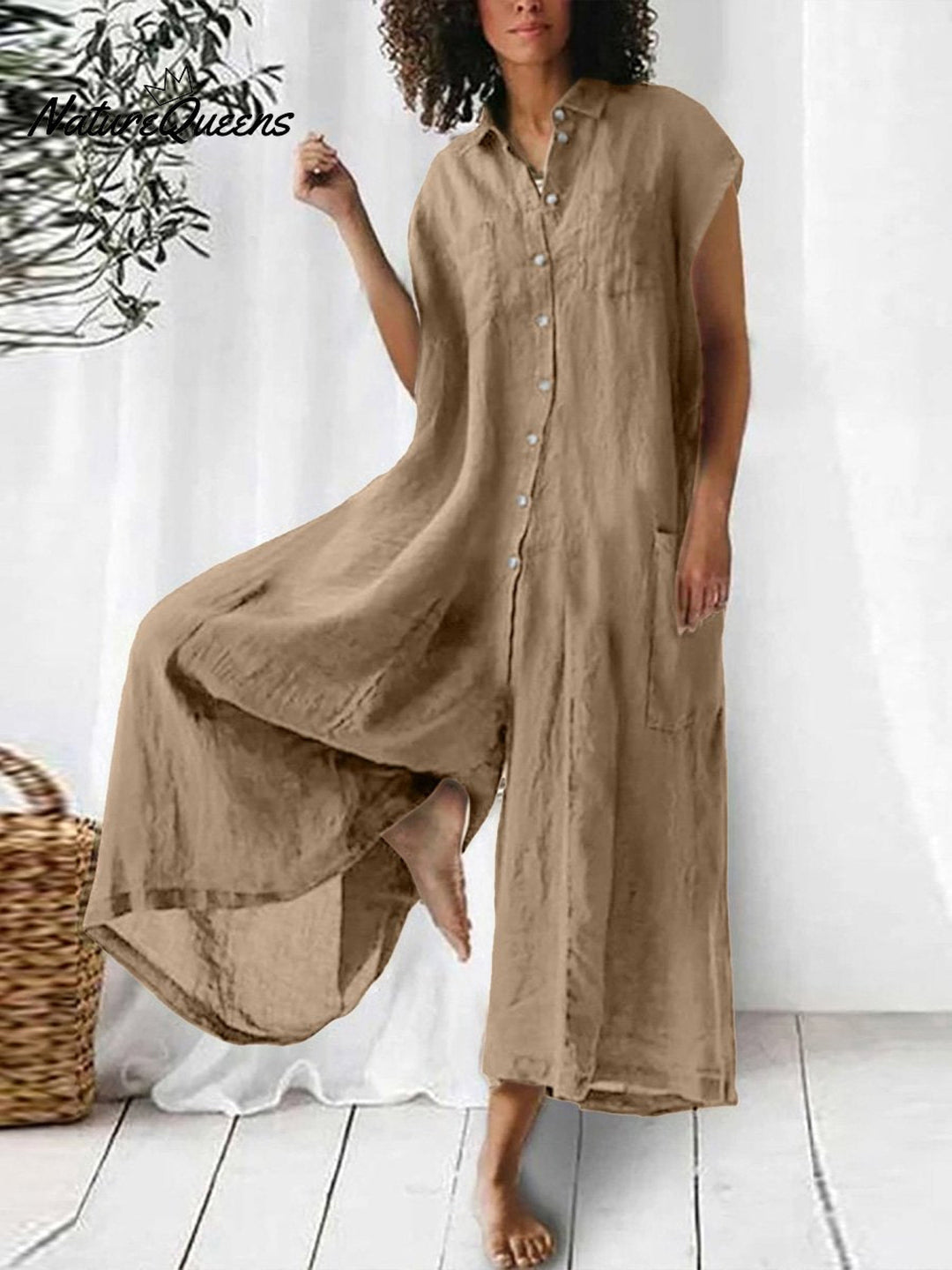 Women's Linen Jumpsuit Wide Leg Sleeveless Romper