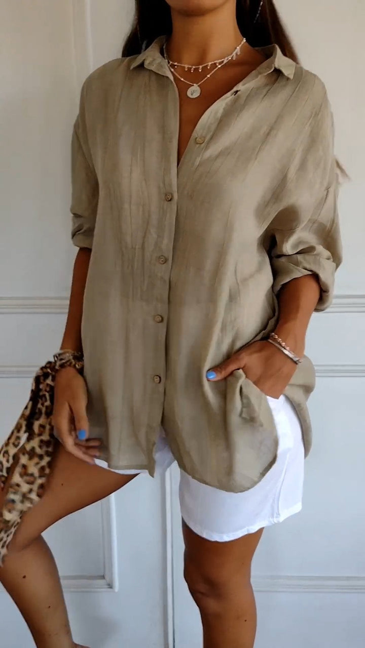 Women's Linen Blend Button Down Shirt Long Sleeve Loose Fit Tunic Blouse