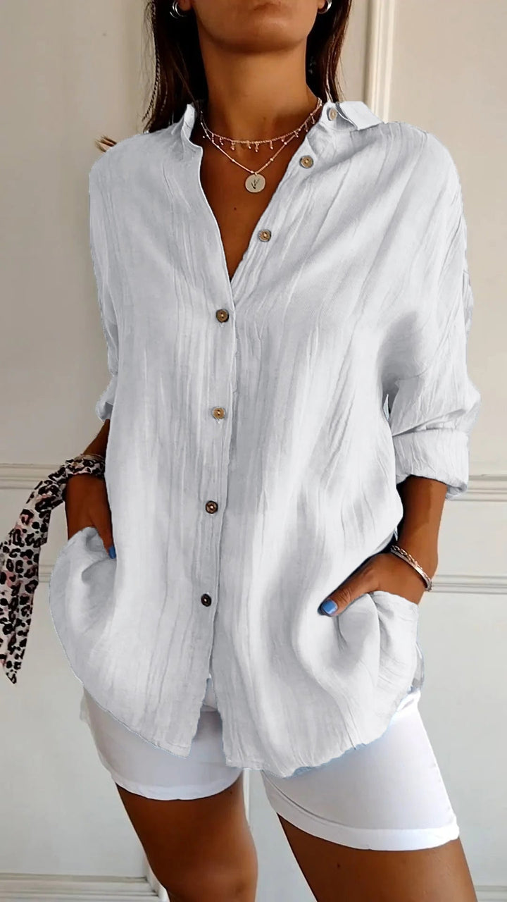 Women's Linen Blend Button Down Shirt Long Sleeve Loose Fit Tunic Blouse