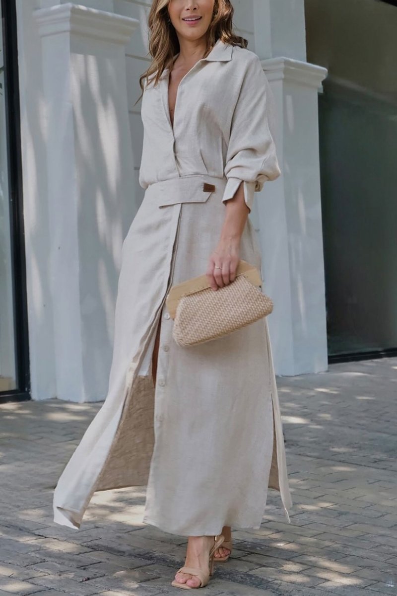 Women's Linen Long Sleeve Casual V Neck Maxi Shirt Dress