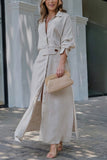Women's Linen Long Sleeve Casual V Neck Maxi Shirt Dress