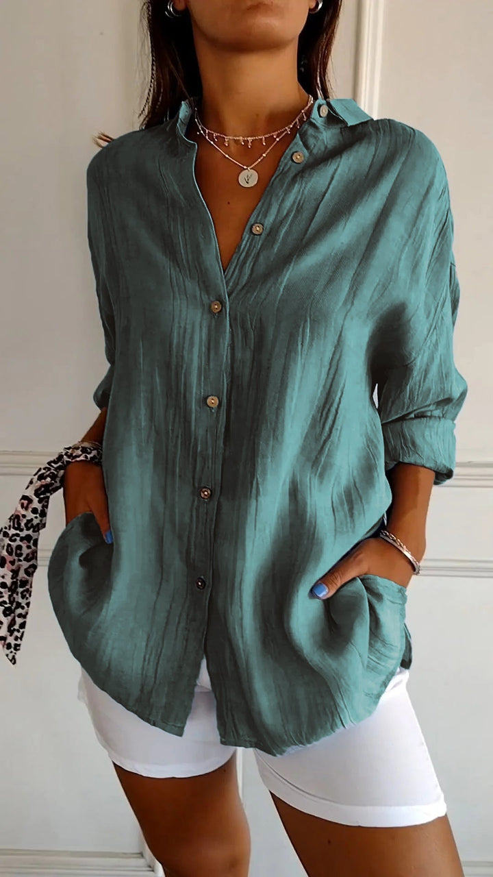 Women's Linen Blend Button Down Shirt Long Sleeve Loose Fit Tunic Blouse