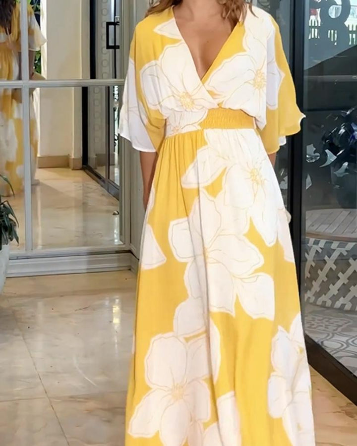 Women's Floral Print V-Neck Wrap Chiffon Maxi Dress