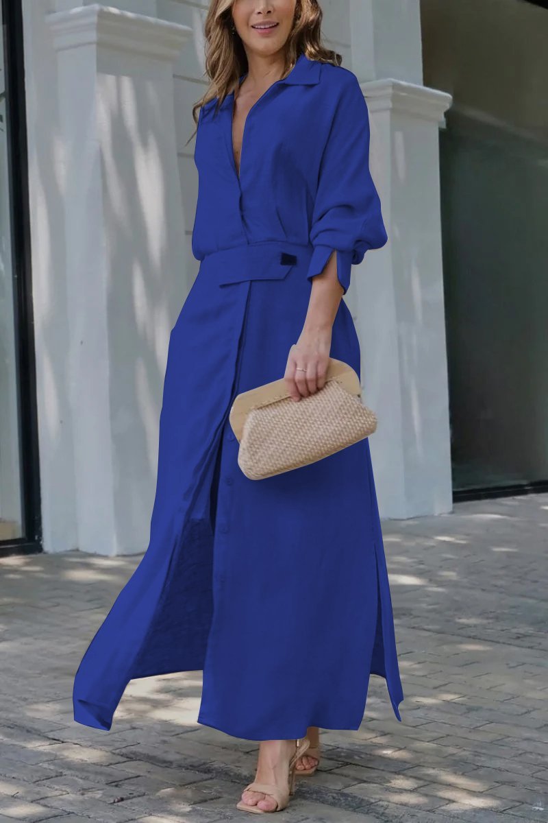 Women's Linen Long Sleeve Casual V Neck Maxi Shirt Dress