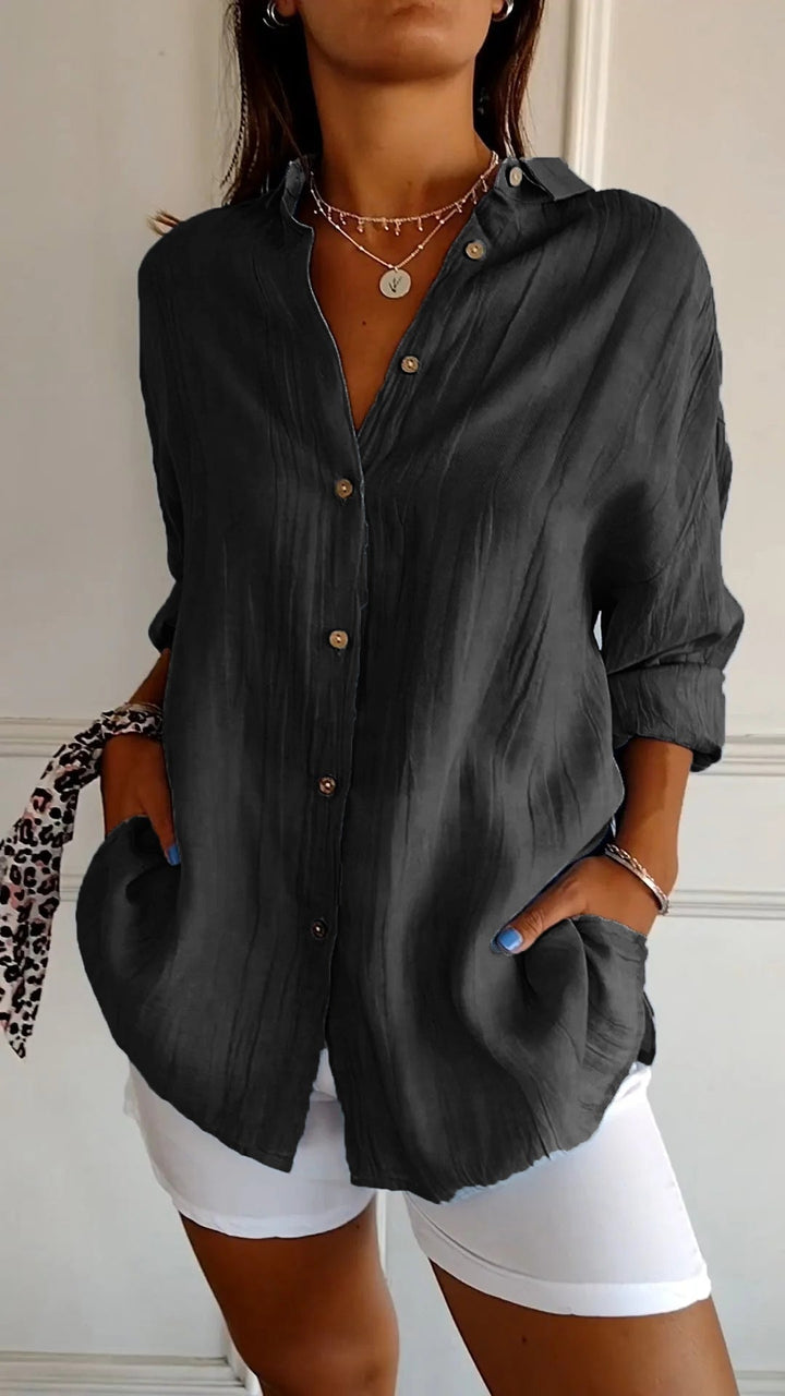 Women's Linen Blend Button Down Shirt Long Sleeve Loose Fit Tunic Blouse