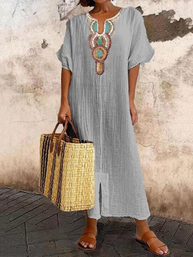 Women's Linen Blend Maxi Dress V-Neck Boho Beach Kaftan