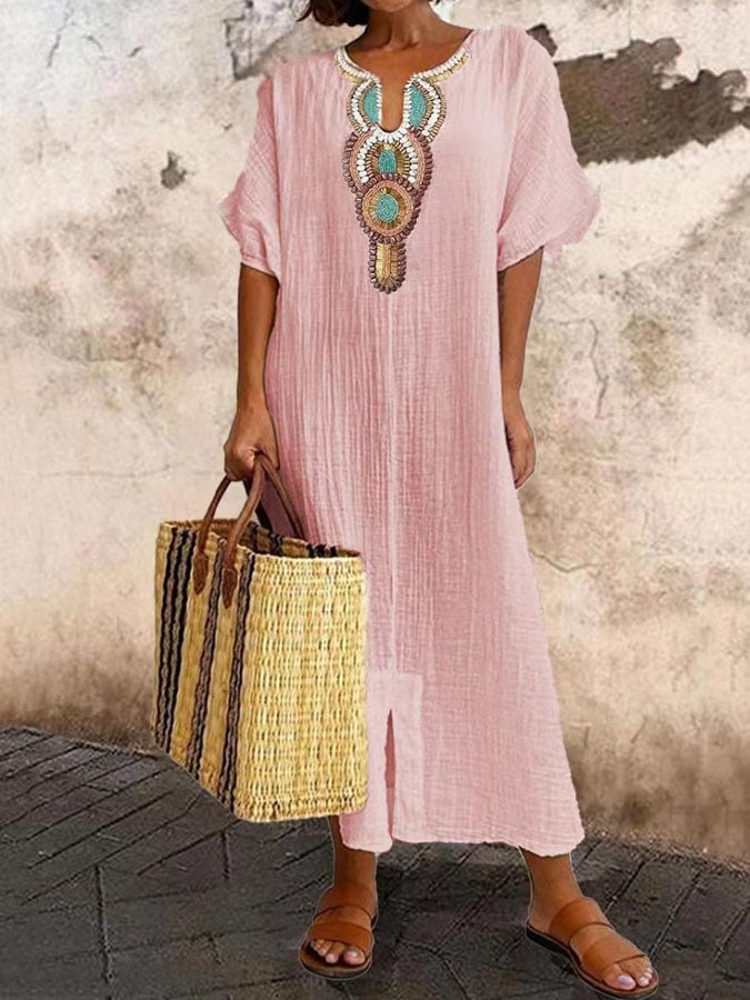 Women's Linen Blend Maxi Dress V-Neck Boho Beach Kaftan