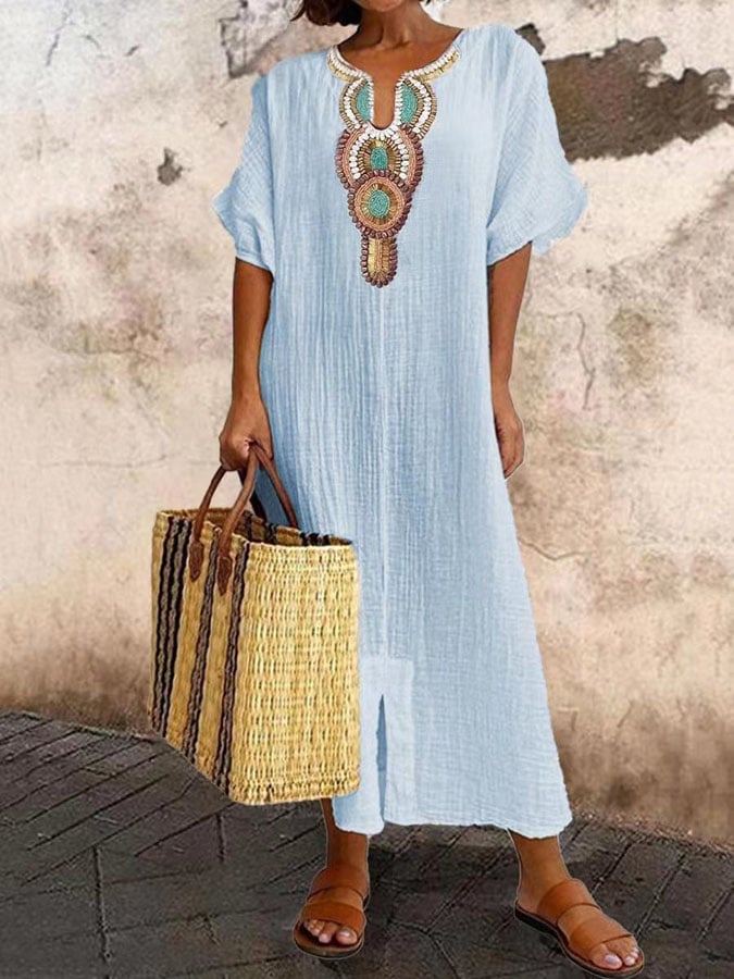 Women's Linen Blend Maxi Dress V-Neck Boho Beach Kaftan