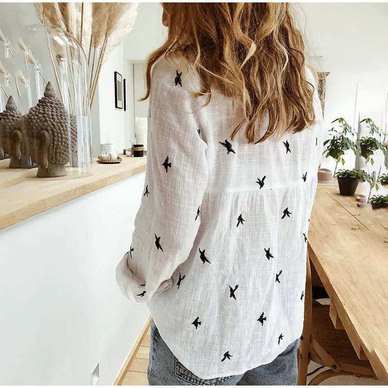 Cotton Blend Bird Print Long Sleeve Shirt For Women Lightweight & Breathable