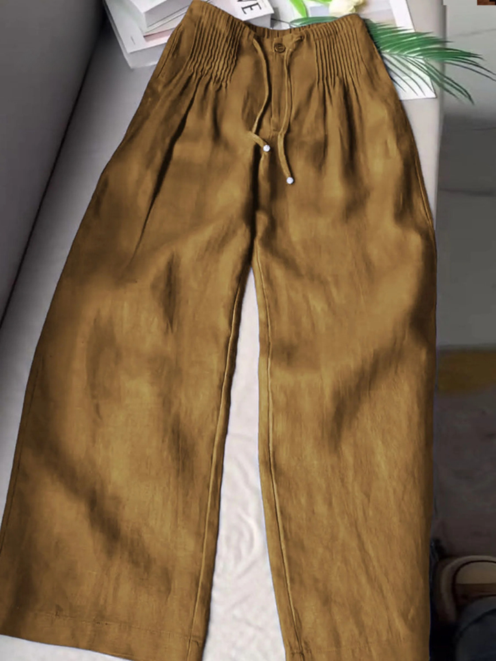 Women Wide Leg Linen Blend Trousers High Waist Smocked Culottes Pants