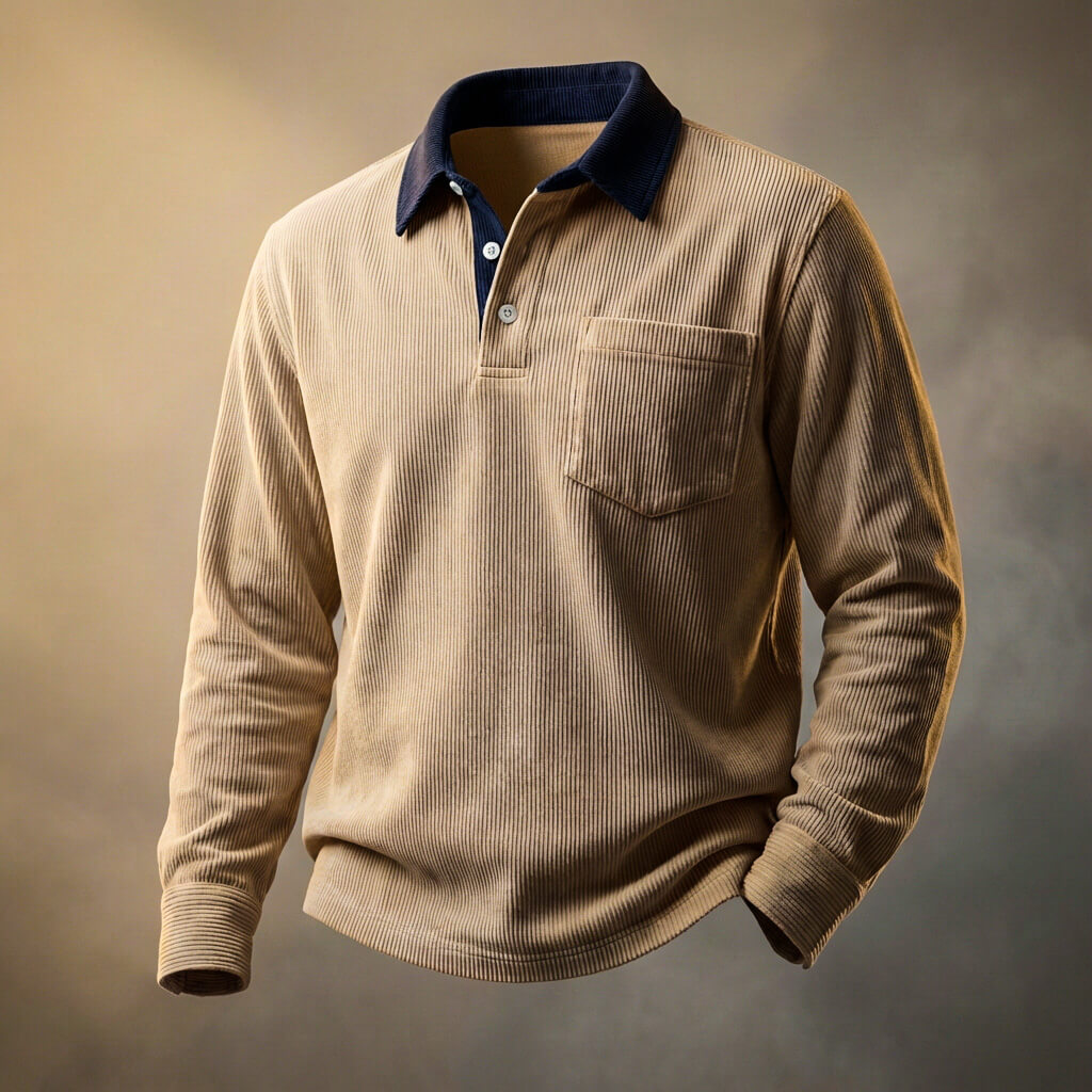 Men's Ribbed Knit Long Sleeve Polo Shirt