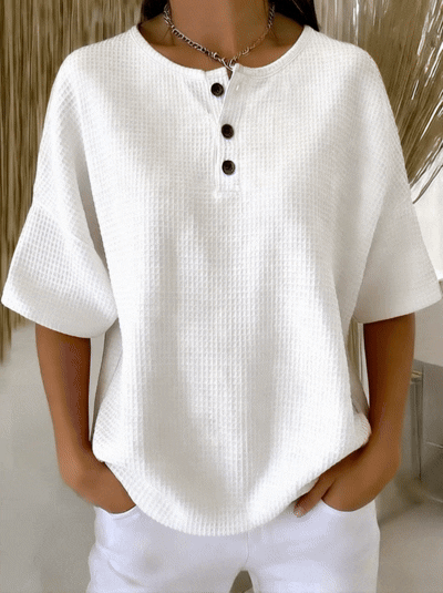 Women's Knit Henley V Neck Short Sleeve Loose Fit T-Shirt Tunic Top