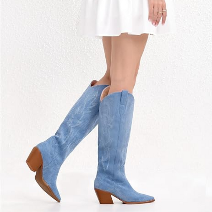 Women's Leather Western Cowboy Boots Knee High