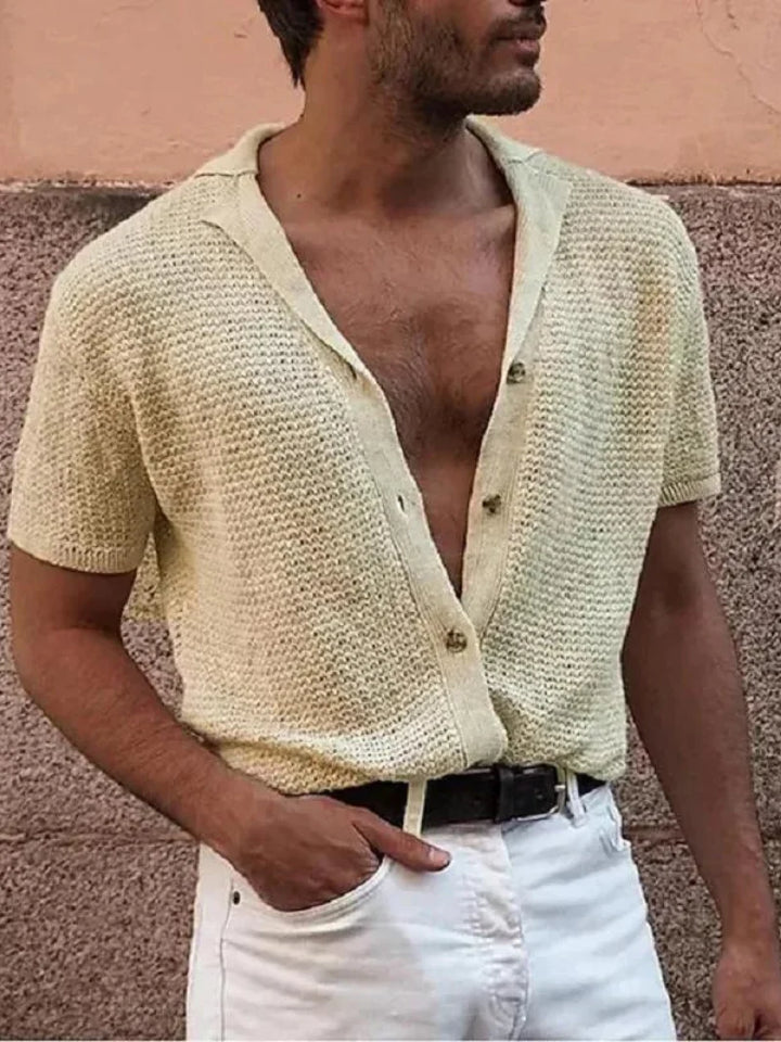 Men's Short Sleeve Knit Blend Polo Shirt Button Cardigan Top