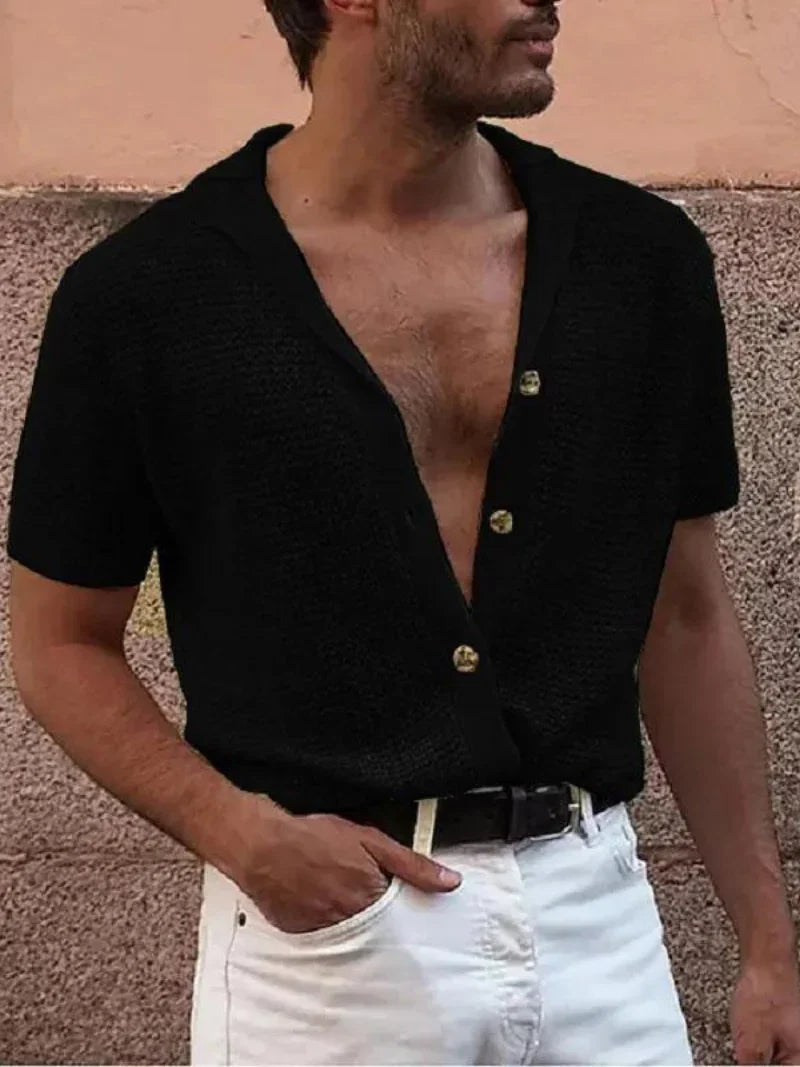 Men's Short Sleeve Knit Blend Polo Shirt Button Cardigan Top
