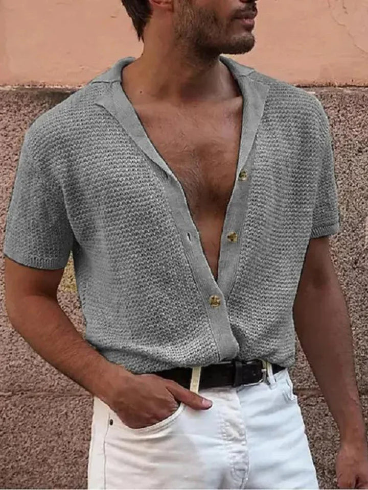 Men's Short Sleeve Knit Blend Polo Shirt Button Cardigan Top