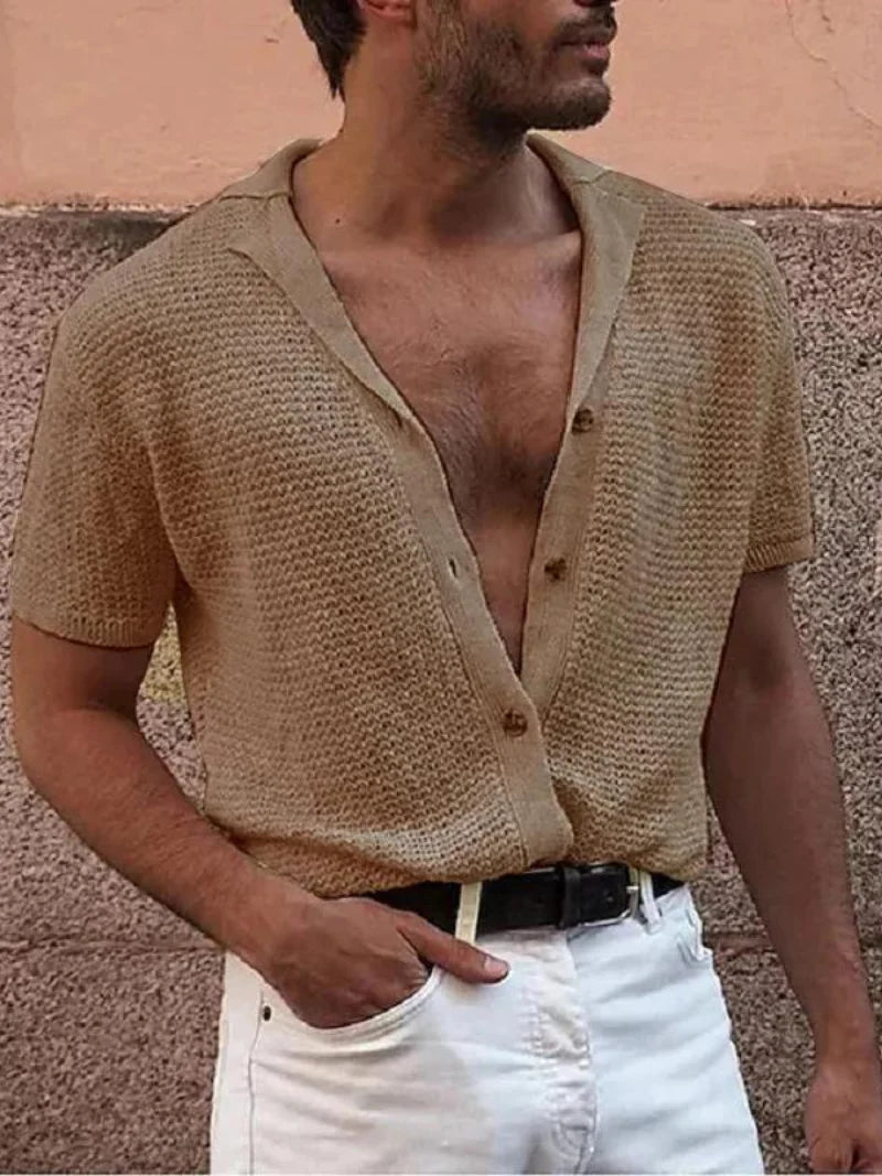 Men's Short Sleeve Knit Blend Polo Shirt Button Cardigan Top