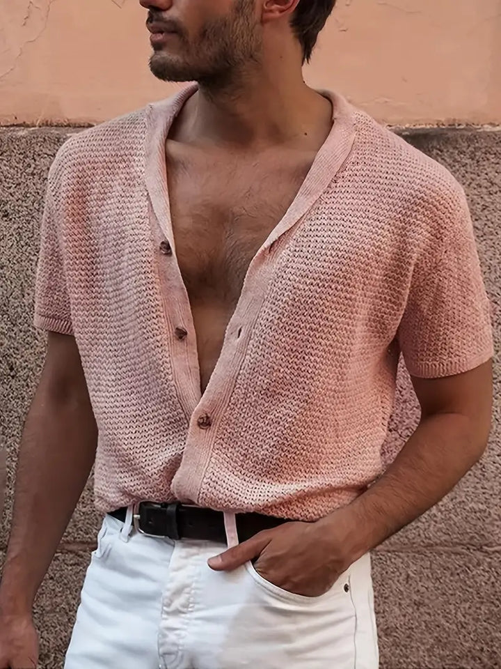 Men's Short Sleeve Knit Blend Polo Shirt Button Cardigan Top