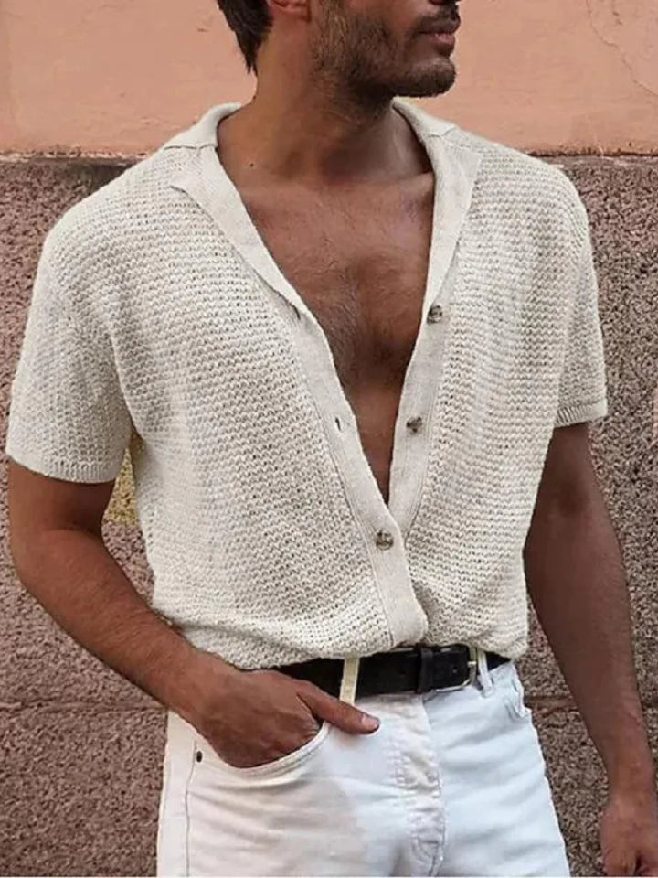 Men's Short Sleeve Knit Blend Polo Shirt Button Cardigan Top