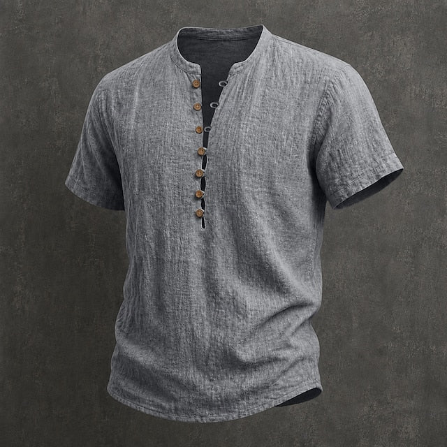 Men's Henley Shirt Linen Casual Short Sleeve Breathable Tops