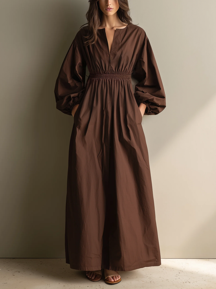 Women's Linen V-Neck Balloon Sleeve Maxi Dress
