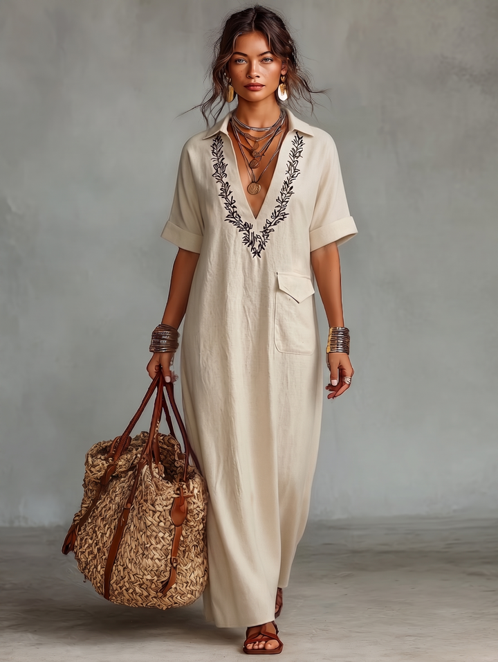Women's Linen Blend V Neck Casual Beach Boho Dress Maxi Dress