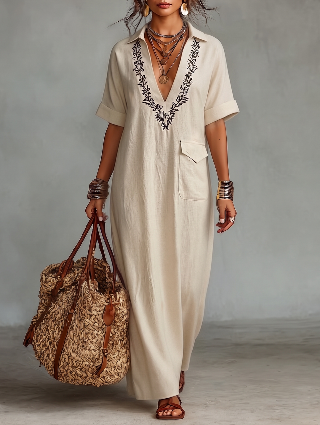 Women's Linen Blend V Neck Casual Beach Boho Dress Maxi Dress