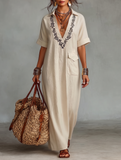 Women's Linen Blend V Neck Casual Beach Boho Dress Maxi Dress