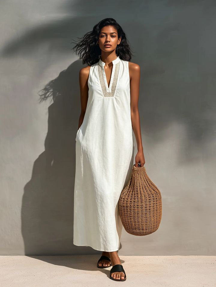 Women's Loose Sleeveless V-Neck Linen Maxi Sun Dress