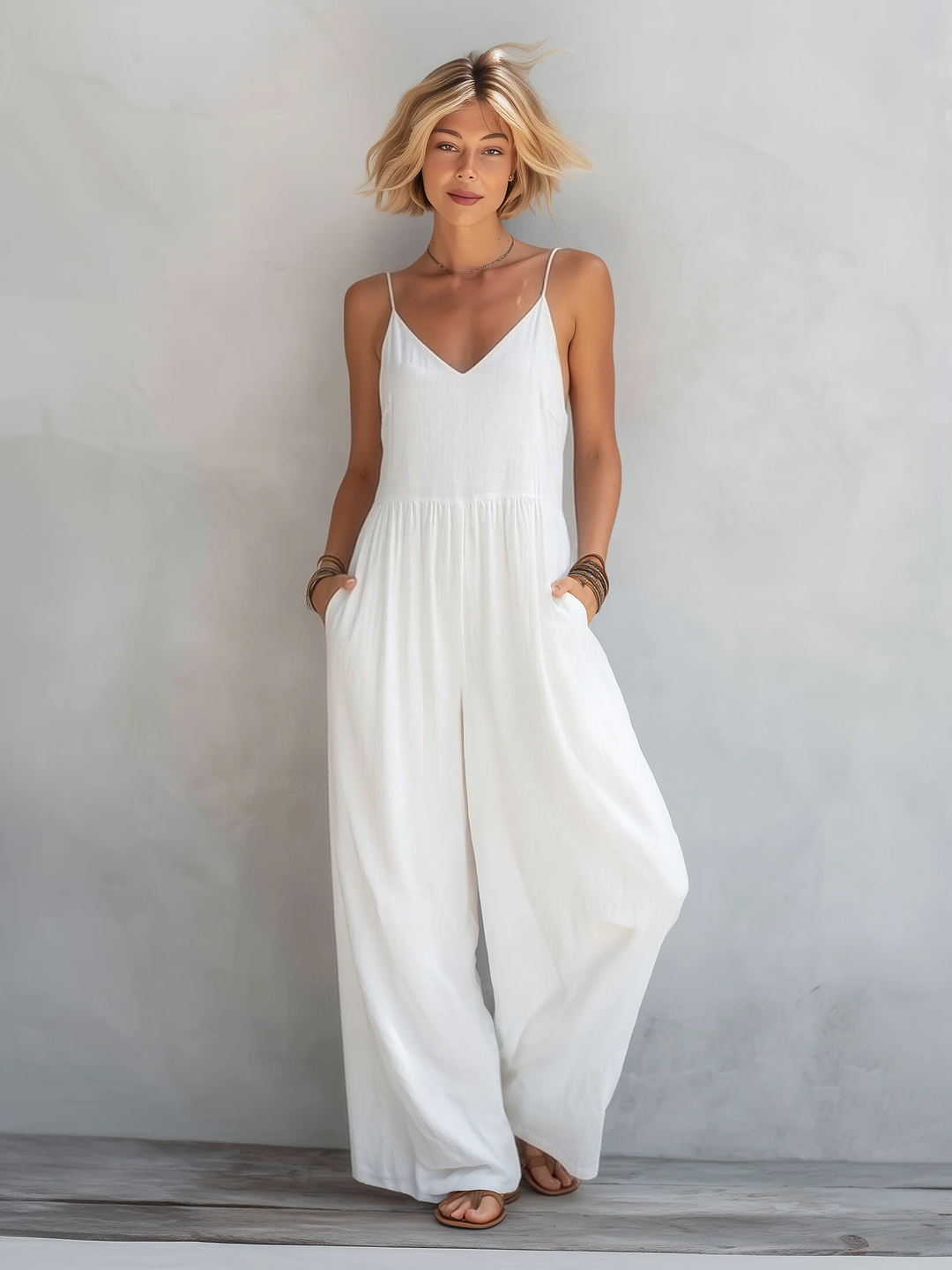 Women's Linen Blend Spaghetti Strap Sleeveless Wide-Leg Jumpsuit