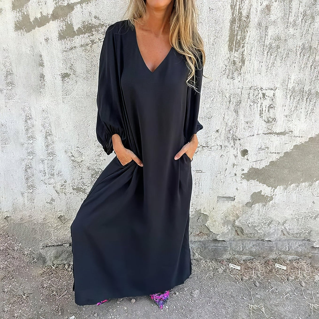 Women's Linen V-Neck Maxi Dress Loose Kaftan Casual Long Sleeve Tunics