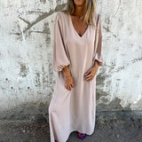 Women's Linen V-Neck Maxi Dress Loose Kaftan Casual Long Sleeve Tunics