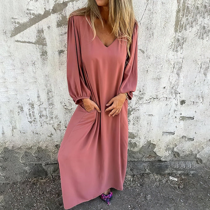 Women's Linen V-Neck Maxi Dress Loose Kaftan Casual Long Sleeve Tunics