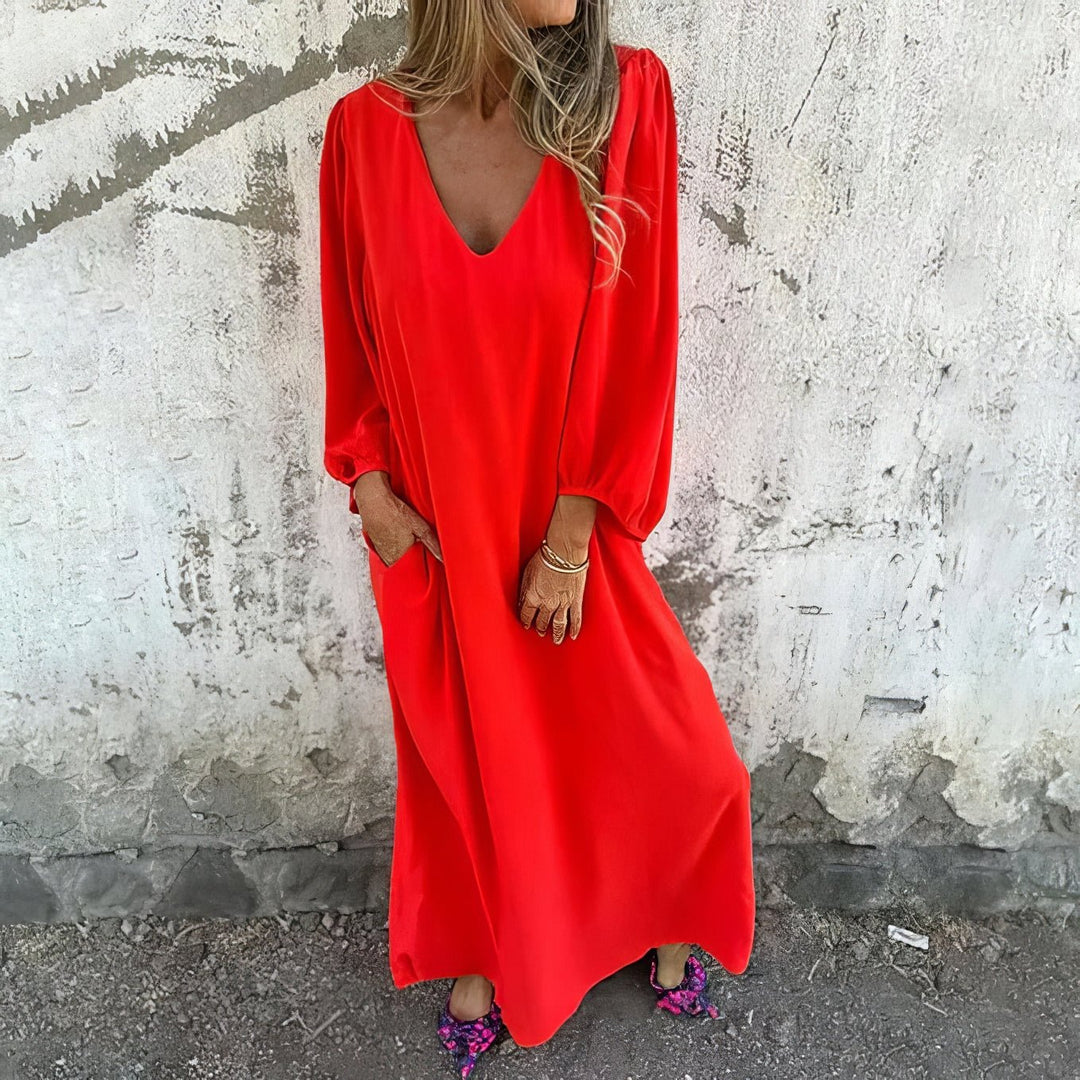 Women's Linen V-Neck Maxi Dress Loose Kaftan Casual Long Sleeve Tunics