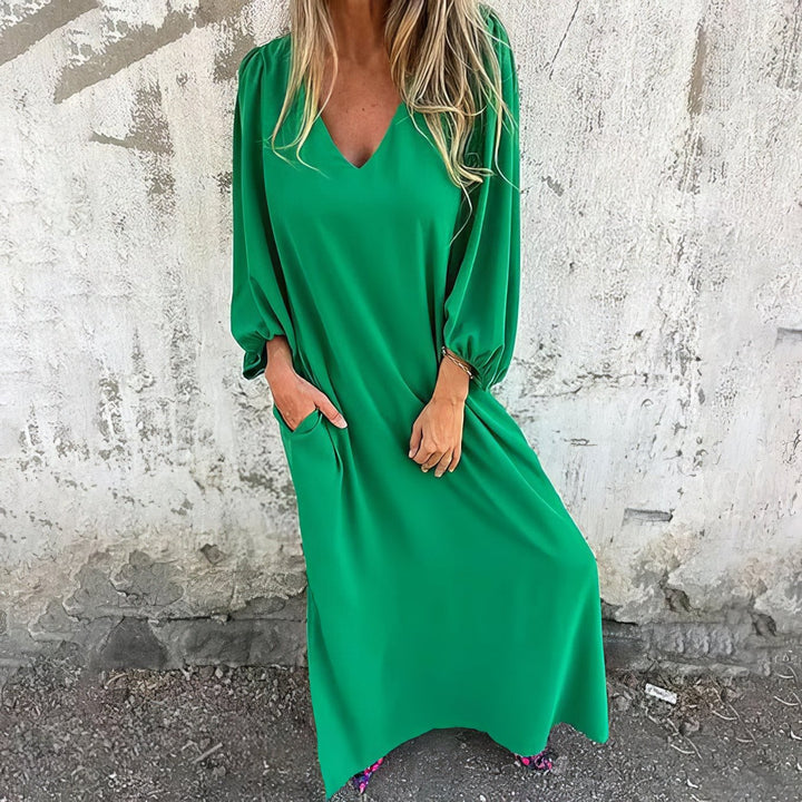Women's Linen V-Neck Maxi Dress Loose Kaftan Casual Long Sleeve Tunics
