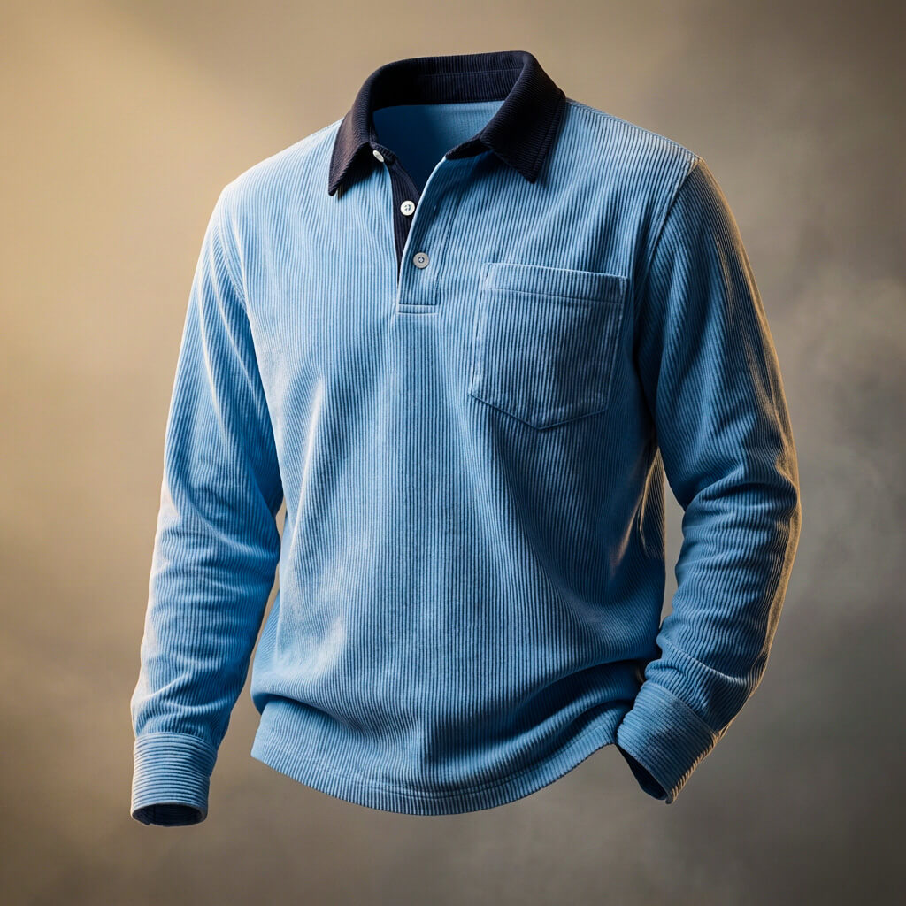 Men's Ribbed Knit Long Sleeve Polo Shirt