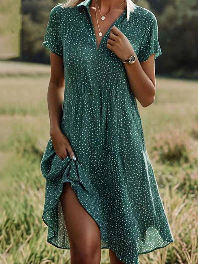 Summer Cotton Shirt Dress Midi Short Sleeve Shirtwaist Dress