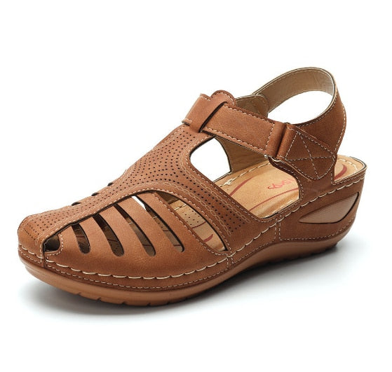 Sandales compensées orthopédiques pour femme en cuir, bout fermé, ajourées