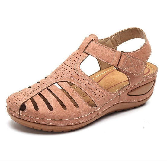 Sandales compensées orthopédiques pour femme en cuir, bout fermé, ajourées
