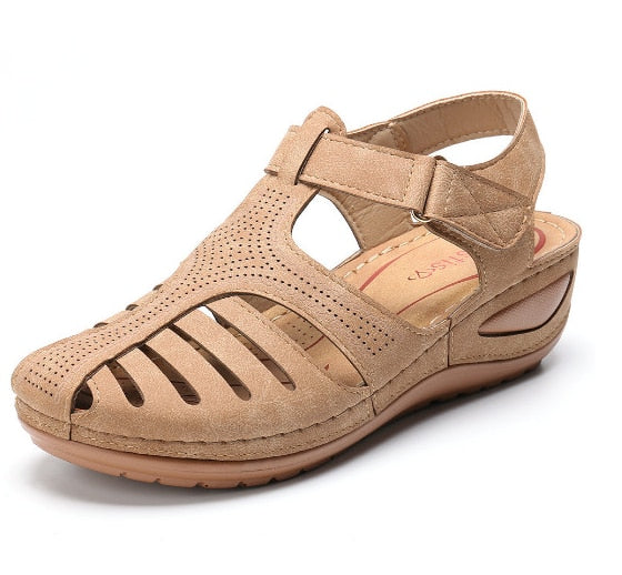Sandales compensées orthopédiques pour femme en cuir, bout fermé, ajourées