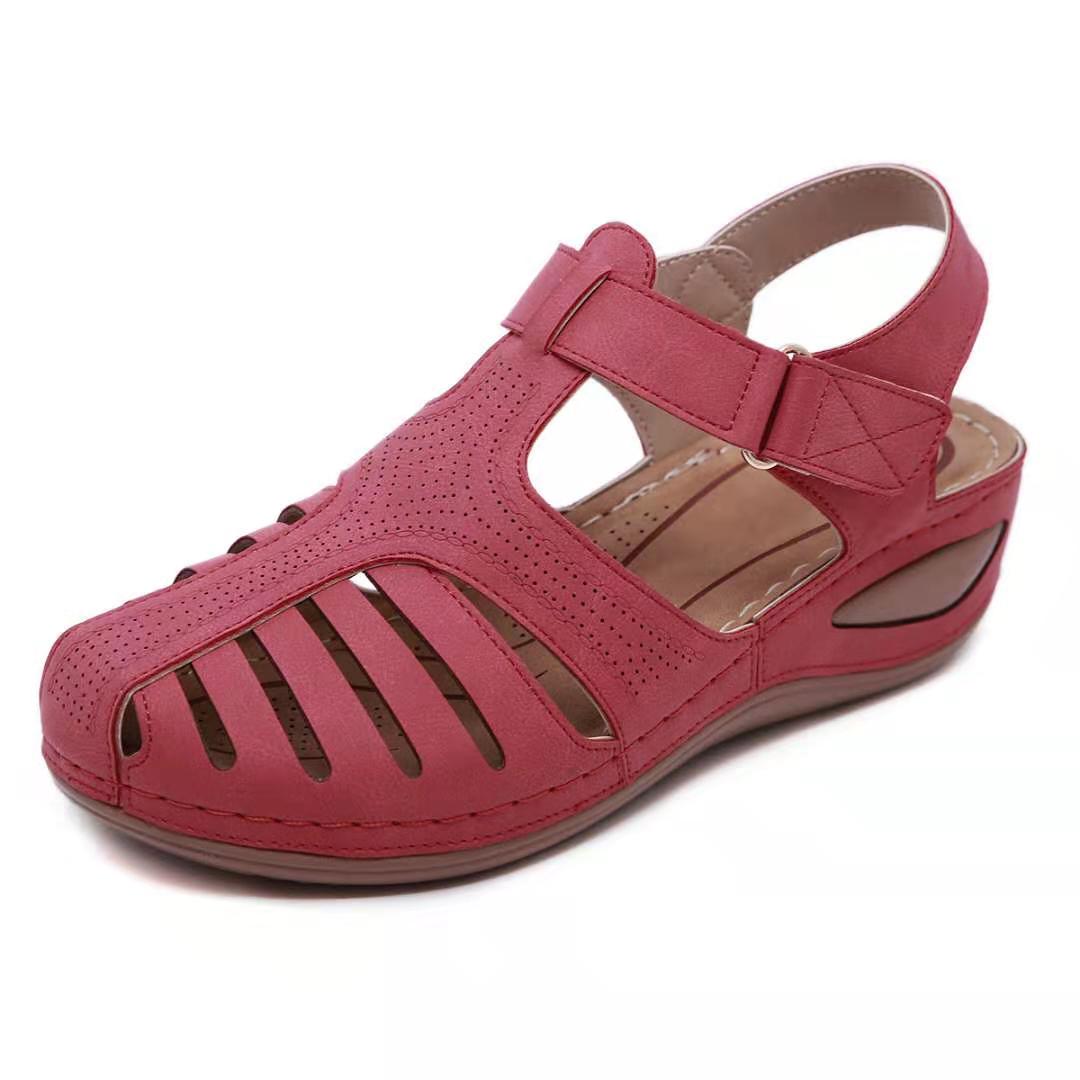 Sandales compensées orthopédiques pour femme en cuir, bout fermé, ajourées