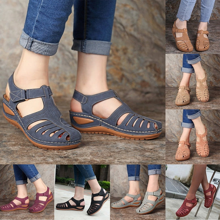 Sandales compensées orthopédiques pour femme en cuir, bout fermé, ajourées