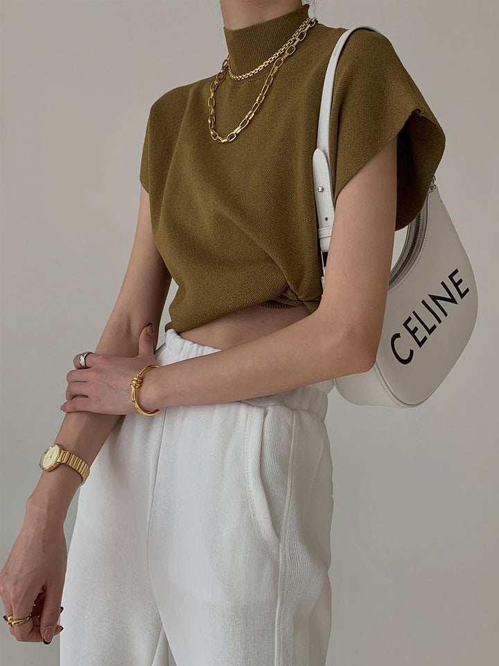 Damski wełniany sweter z dzianiny, z golfem i bez rękawów