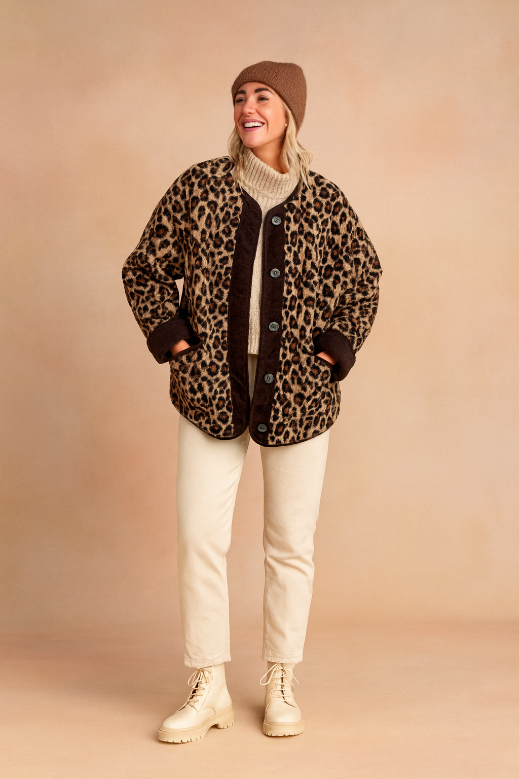Women's Fleece Leopard Print Jacket Animal Pattern Outerwear Coat