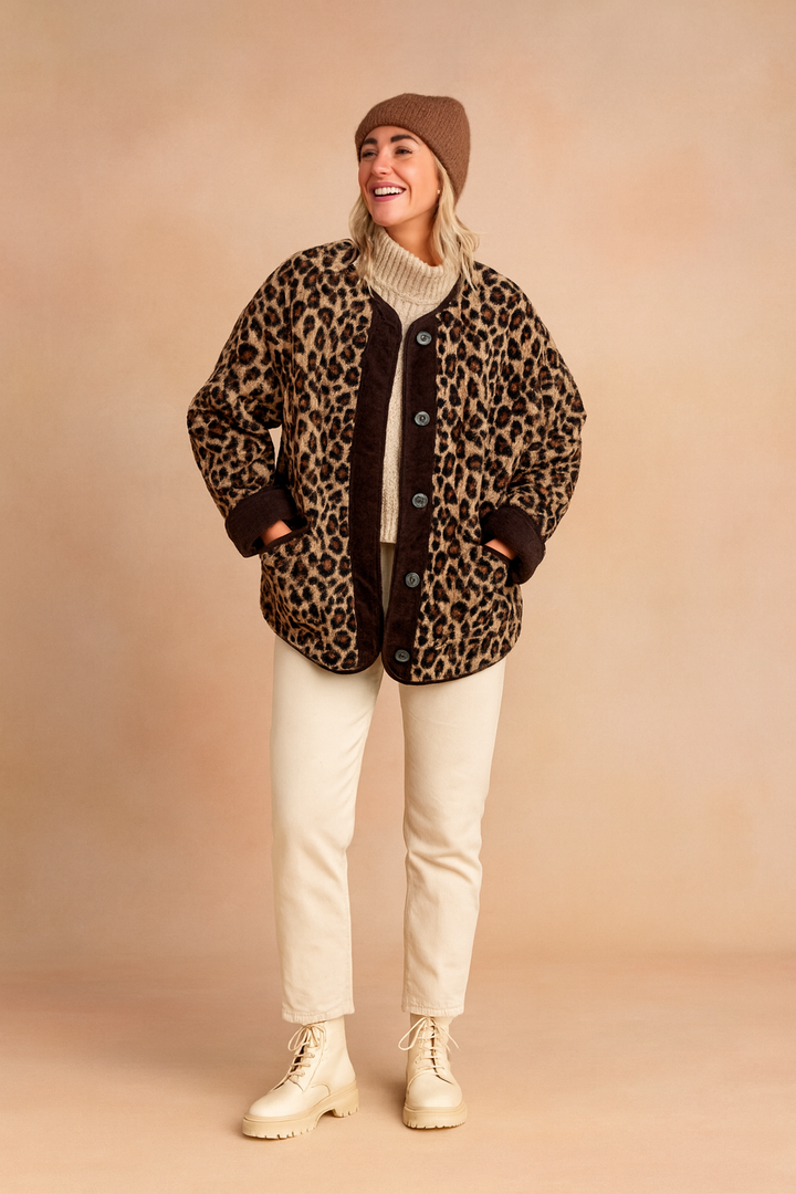 Women's Fleece Leopard Print Jacket Animal Pattern Outerwear Coat