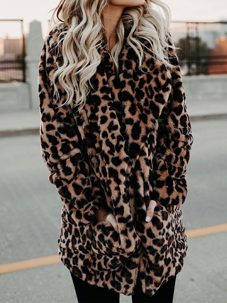 Women's Leopard Print Fleece Jacket Longline Coat Outerwear