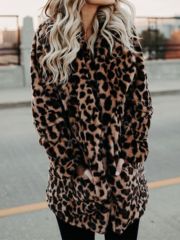 Women's Leopard Print Fleece Jacket Longline Coat Outerwear