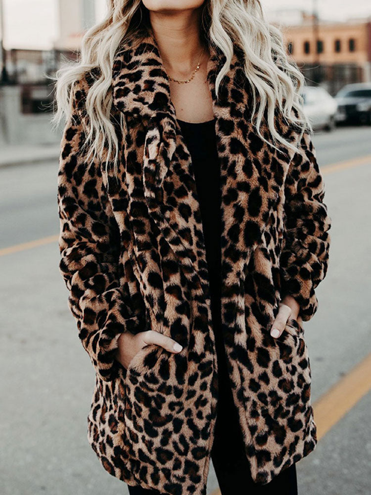 Women's Leopard Print Fleece Jacket Longline Coat Outerwear