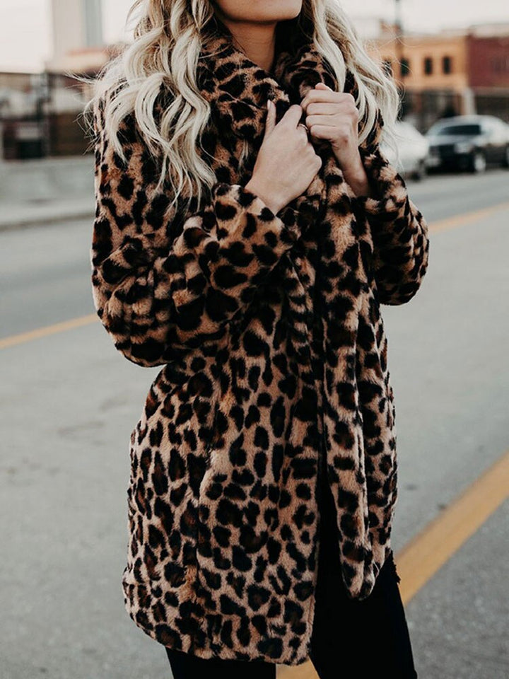 Women's Leopard Print Fleece Jacket Longline Coat Outerwear